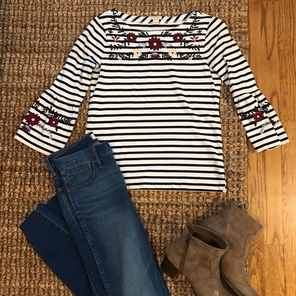J. Crew Bell striped bellsleeve embroidered top XS
